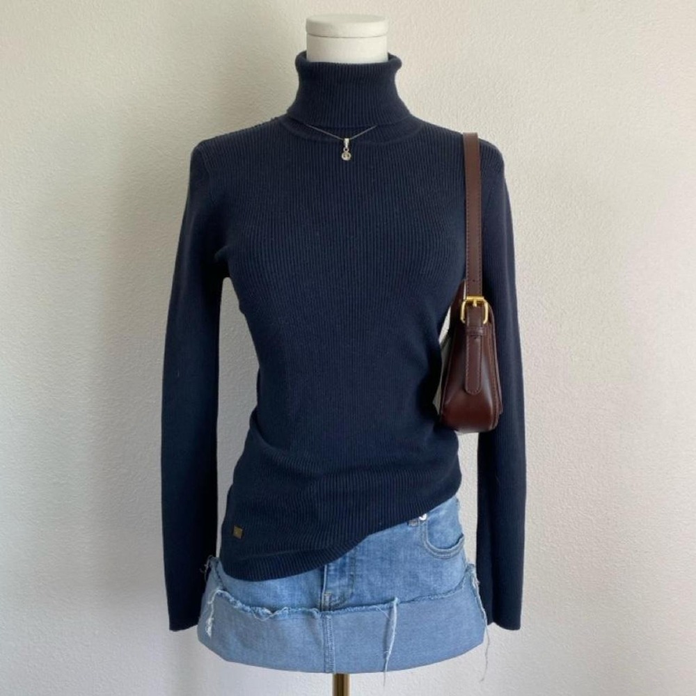 Lauren Ralph Lauren Navy Ribbed Turtleneck Sweater Preppy Minimalist